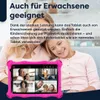 A mother and daughter are smiling while looking at a tablet, which is displaying a video call with multiple people. Produktbild-Vorschau