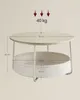 A round coffee table with a fabric basket underneath, showing dimensions and weight capacity. Produktbild-Vorschau