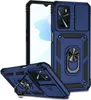 A blue phone case with a sliding camera cover and a ring holder is shown from two angles against a white background. Produktbild-Vorschau