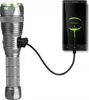 A silver flashlight is connected by a USB cable to a smartphone that is charging. Produktbild-Vorschau