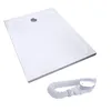 A white rectangular shower tray and a white flexible drain pipe with a silver cap are shown against a white background. Produktbild-Vorschau