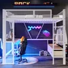 A modern bedroom or gaming room setup featuring a loft bed with a desk underneath, gaming chair, and decorative lighting. Produktbild-Vorschau