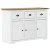 A white and brown wooden sideboard with three drawers on top and three cabinet doors below, shown from a side-front angle against a white background. Podgląd zdjęcia produktu
