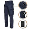 A pair of navy work trousers with inset images highlighting specific features. Produktbild-Vorschau