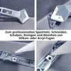 A collage of four images showing a silicone caulking tool and its application. Produktbild-Vorschau