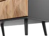 Close-up view of the bottom corner of a sideboard, showing its legs and textured wooden drawer front. Produktbild-Vorschau