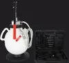 A white fluid transfer pump with a black handle and a black toolbox containing tools are displayed against a black background. Podgląd zdjęcia produktu