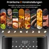 Collage of food images above an air fryer display panel. Produktbild-Vorschau