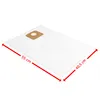 A white vacuum cleaner bag with a brown connector is shown on a white background. Red arrows indicate the dimensions of the bag. Produktbild-Vorschau