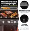 A gas grill with food being cooked on it, along with marketing text and close-up images of grill features. Náhled obrázku produktu