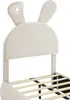 A close-up of a beige upholstered bed frame with bunny ears on the headboard. Produktbild-Vorschau