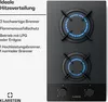 A gas cooktop with two burners, one lit, shown with descriptive text on the left. Produktbild-Vorschau