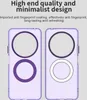 Two phone cases are shown side-by-side against a light gray background. The cases are translucent purple and feature circular cutouts for camera lenses and a magnetic ring. Anteprima dell’immagine prodotto