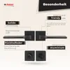 A marketing image showcasing a black door handle set with descriptive text highlighting its features. Produktbild-Vorschau