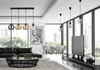A modern living room with a black sofa, coffee table, and TV stand, featuring multiple pendant lights. Náhled obrázku produktu