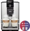 A Nivona coffee machine with two lattes in front of it, and a circular promotional graphic on the right. Produktbild-Vorschau
