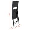 A folded black chair with dimensions indicated. Voir les images du produit
