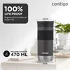 A Contigo travel mug is shown on a shelf with some plants in the background. Dimensions and capacity are displayed. Podgląd zdjęcia produktu