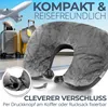 A travel pillow is shown in the foreground, with luggage and an airplane in the background, suggesting travel. Produktbild-Vorschau