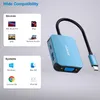 A blue USB-C hub adapter with a black cable is shown, with compatibility information for devices and systems displayed on the left. Produktbild-Vorschau