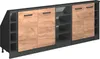 A long, modular cabinet unit with wooden doors and black shelving units. Produktbild-Vorschau