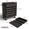 A black AREBOS tool chest with multiple drawers, shown with dimensions and two separate drawers for scale. Náhled obrázku produktu