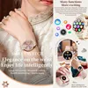 A woman's wrist wearing a smartwatch, with various app icons and product features displayed around it. Produktbild-Vorschau