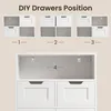 Diagrams showing different drawer configurations for a cabinet, followed by a close-up of the cabinet's drawers and mounting points. Produktbild-Vorschau
