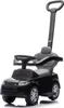 A black ride-on toy car, designed to look like a Land Rover Discovery, is shown against a white background. It features a push handle for adult guidance and a steering wheel for the child. Produktbild-Vorschau