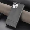 A dark gray leather flip case for an iPhone is shown on a dark background with a textured gray material behind it. Produktbild-Vorschau