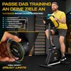 A man is using a stationary bike in a gym-like setting, with text overlays highlighting training features. Produktbild-Vorschau