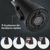 Close-up of a black kitchen faucet head with four different spray modes illustrated below. Podgląd zdjęcia produktu