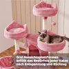 A pink cat tree with a cat sitting in one of the baskets, with German text overlay. Produktbild-Vorschau