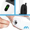 Collage of close-up shots showing details of a white steam cleaner, including a control panel with indicator lights, a cord wrapped around a hook, and a hand inserting a cleaning tool. Produktbild-Vorschau