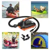 Collage of images showing an electric air pump and various outdoor activities like kayaking, rafting, relaxing on an inflatable, and camping. Produktbild-Vorschau