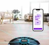 A robot vacuum cleaner is shown on a wooden floor in a living room, with a smartphone displaying a cleaning map. Produktbild-Vorschau