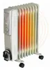 A white oil-filled electric radiator with a gradient of red, orange, yellow, and green to indicate heat output, set against a white background. Produktbild-Vorschau