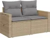A beige poly rattan two-seater garden sofa with gray cushions, shown from the front-left. Náhľad obrázku produktu