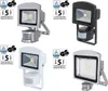 A collage of four different LED floodlights with motion sensors, each in a different color and with certification badges. Produktbild-Vorschau