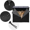 A collage showing a firewood storage rack with a cover, a close-up of the zipper, a close-up of the waterproof fabric, and a close-up of the tie-down straps. Produktbild-Vorschau