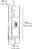 A corner shelf unit with glass shelves and chrome-plated metal supports, displaying various toiletry bottles and containers. Dimensions are indicated with text. Anteprima dell’immagine prodotto