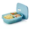 A light blue Tupperware lunchbox with food inside, with the lid open. Produktbild-Vorschau