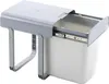 A white plastic trash bin with a gray sliding lid and mounting bracket, shown from a diagonal angle. Produktbild-Vorschau