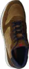 A top-down view of a brown leather and suede sneaker with navy blue laces and trim. Produktbild-Vorschau