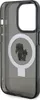 A side view of a black iPhone case with a graphic of Karl Lagerfeld and his cat Choupette inside a silver ring. Produktbild-Vorschau
