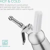 Close-up of a whipped cream dispenser with text overlays describing its features. Produktbild-Vorschau