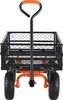 A front view of a black and orange garden wagon with four wheels and a handle. Voir les images du produit