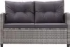A close-up front view of a grey rattan two-seater sofa with dark grey cushions. Náhľad obrázku produktu