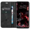 A black flip-case wallet for a smartphone, showing the inside with cards and cash, and the phone screen displaying the time and date. Produktbild-Vorschau