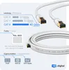 A white CAT 8.1 S/FTP patch cable with gold-plated RJ45 connectors, displayed coiled and with informational graphics detailing its performance, color, and characteristics. Produktbild-Vorschau
